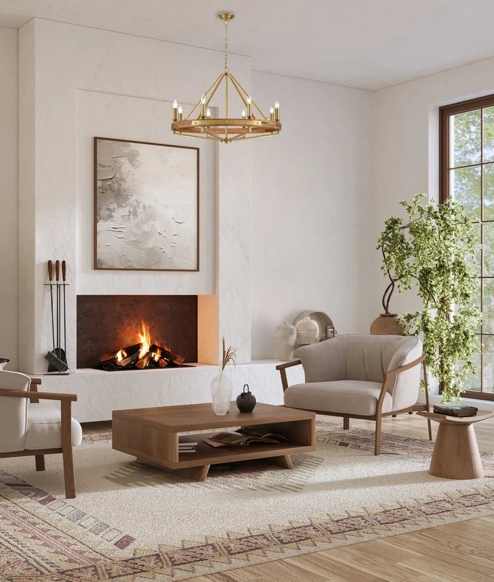 FUNALE: Interior Candelabra Oak Wood Satin Brass Hardware 8-Light Pendant Lights