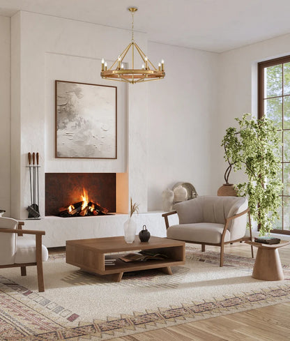 FUNALE: Interior Candelabra Oak Wood Satin Brass Hardware 8-Light Pendant Lights