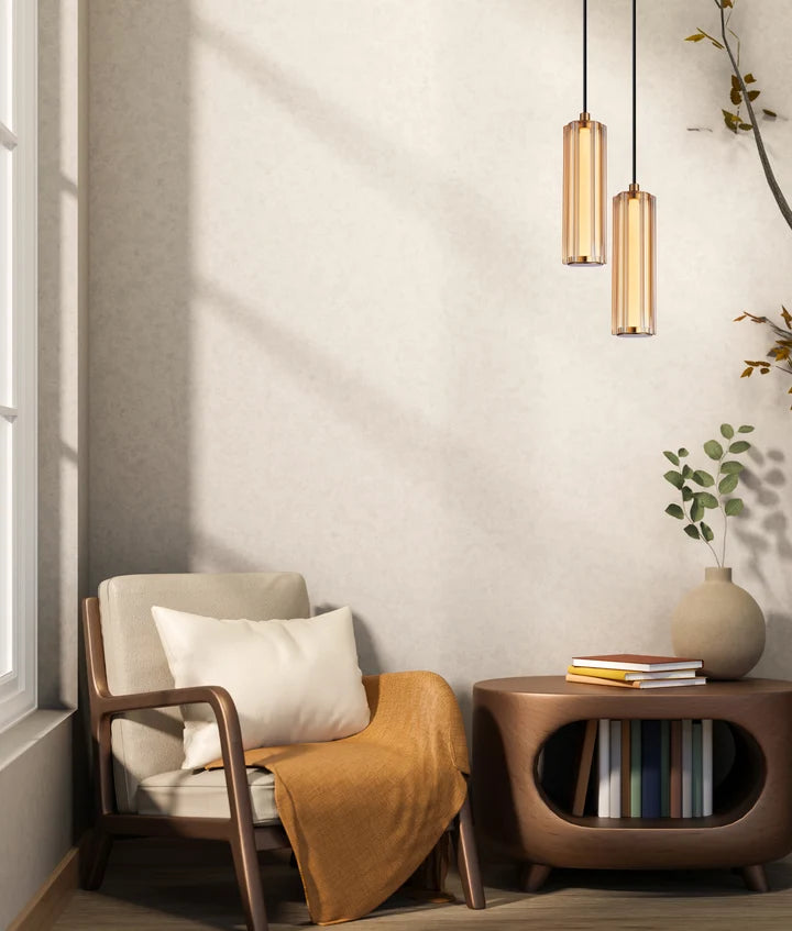 FRECCIA: Interior LED Tri-CCT Glass with Curve Cylinder Pendant Lights - Amber Glass