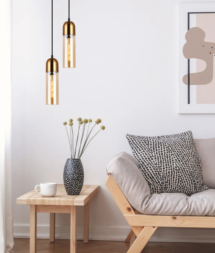PASTILLE: Interior Round Top Cylinder Amber Glass antique Brass highlight Pendant Light