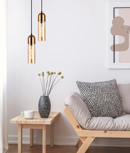 PASTILLE: Interior Round Top Cylinder Amber Glass antique Brass highlight Pendant Light