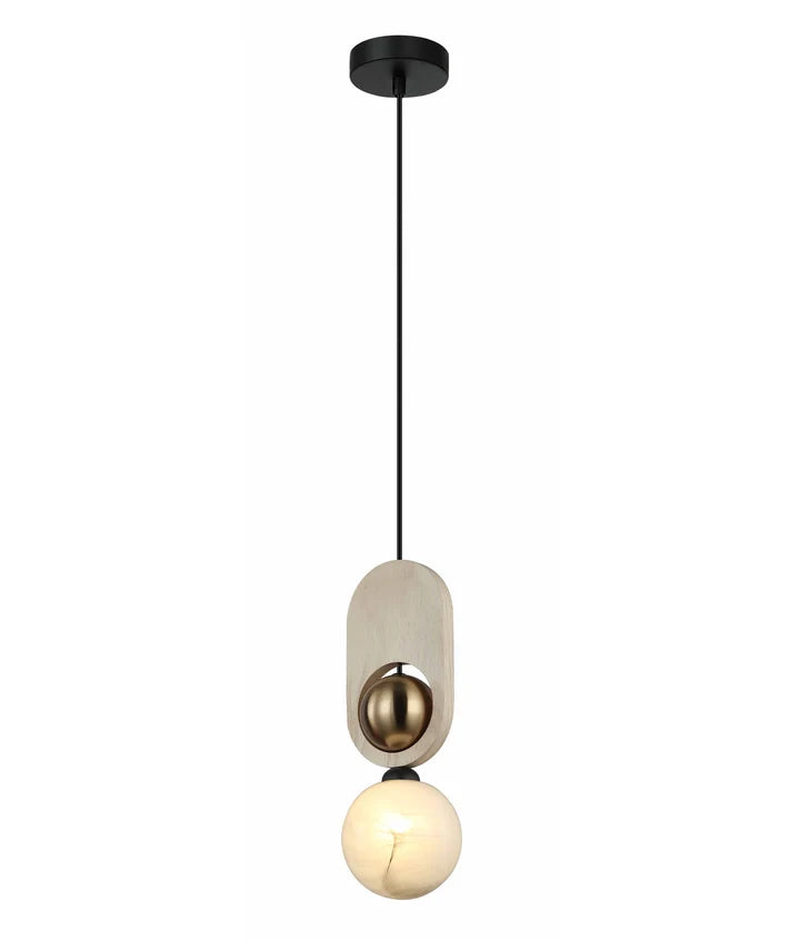 PALTA: Interior Sandblasted Opal Diffuser with Brass/Natural Wood Pendant Lights