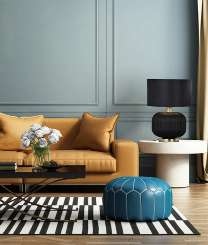 LUSSO: Interior Black Drum Shade SMALL Ceramic Base with Antique Brass Highlight Table Lamp