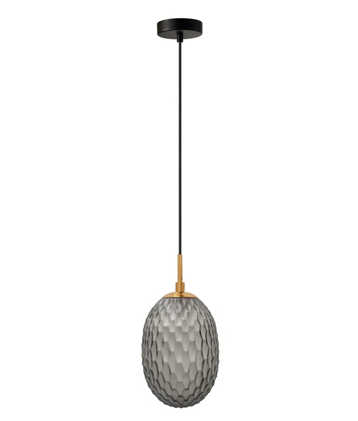 KATHAL: Interior SMOKEY BLACK Ellipse Glass with Brass Highlight Enclosed Pendant Light