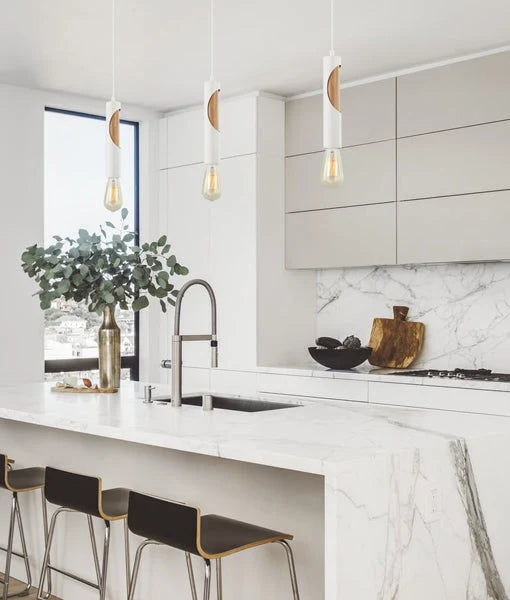 IDA: Interior Iron & Blonde Wood Tube Pendant Light - Matte White