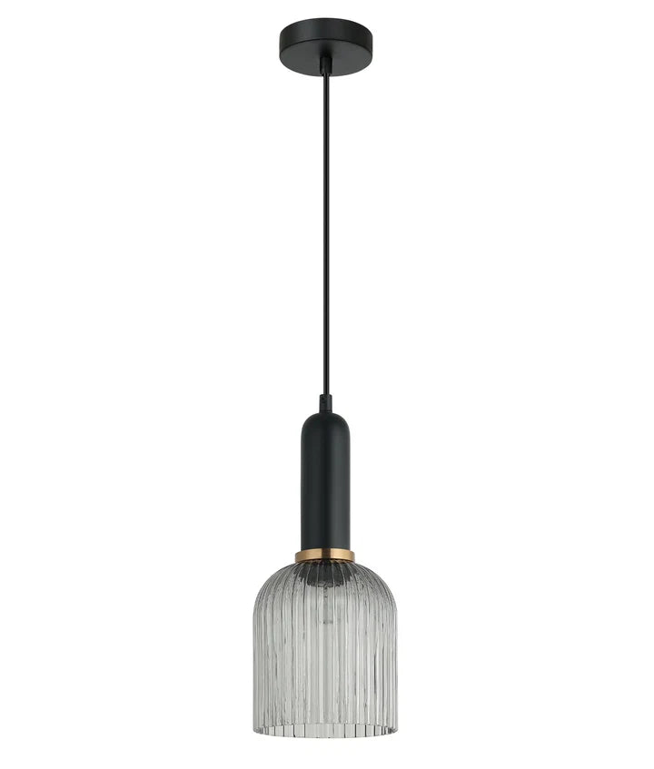 VINTAJ: Retro Interior Ellipse Shape Ribbed Glass Pendant Lights - Smokey Black