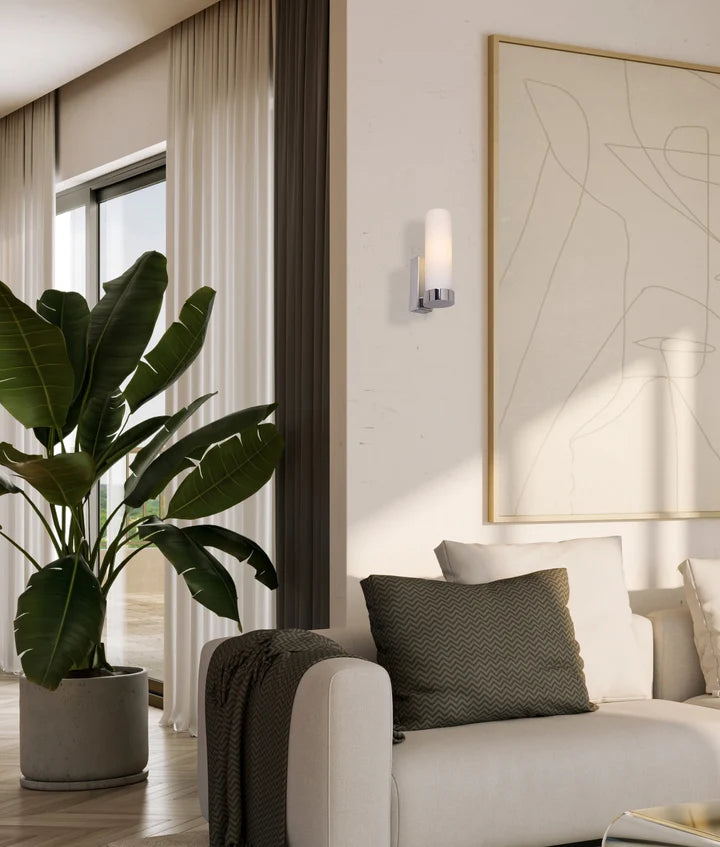 VARA: Interior Tubular Up Opal Glass Wall Light - Chrome