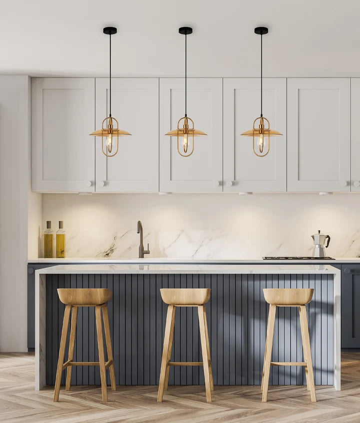 PAPILLON: Interior Oblong Iron with Glass Coolie Pendant Lights - Antique Brass