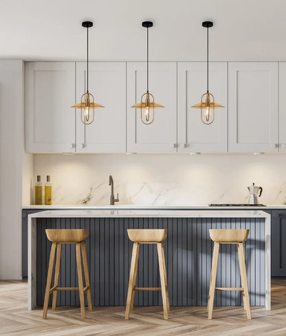 PAPILLON: Interior Oblong Iron with Glass Coolie Pendant Lights - Antique Brass