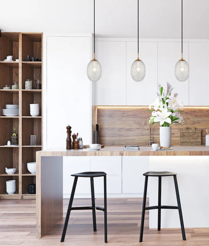 KATHAL: Interior CLEAR Ellipse Glass with Brass Highlight Enclosed Pendant Light