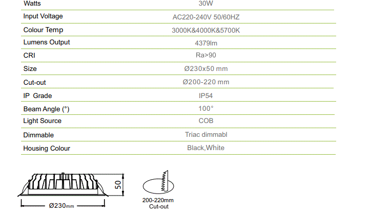 3A 30W DL3005 IP54 Downlight- White