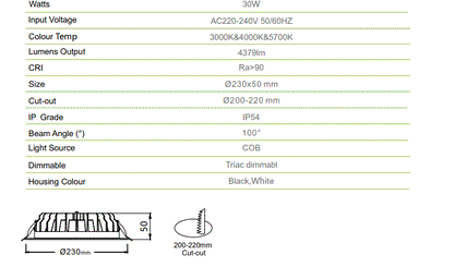 3A 30W DL3005 IP54 Downlight- White