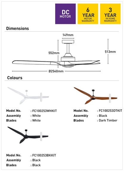 Century 254cm DC Ceiling Fan Kit with Remote - White