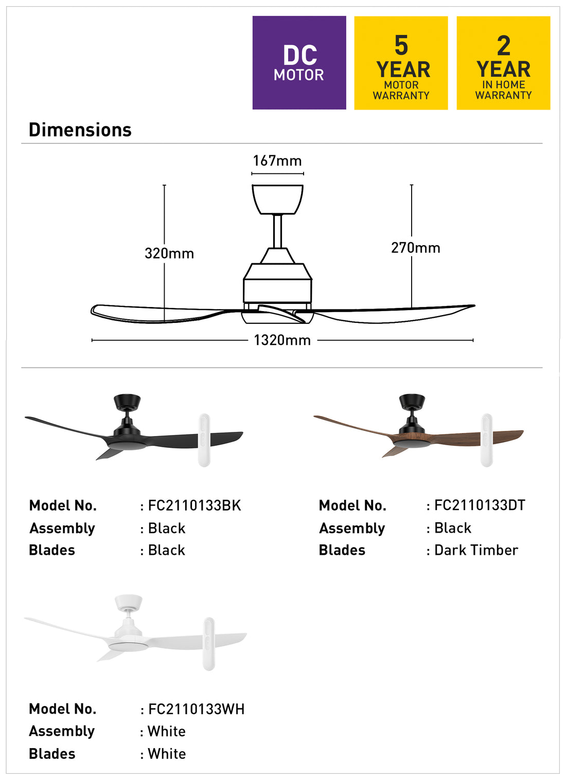 Jota 132cm DC Ceiling Fan with Remote - Black