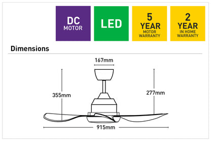 Jota Mini 92cm DC Ceiling Fan with LED Light and Remote