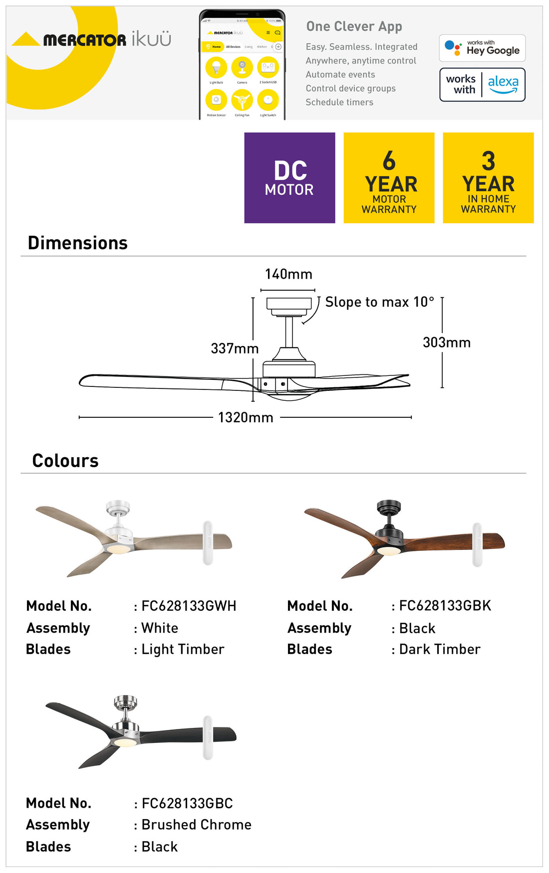 Minota 132cm DC Ikuü Smart Wi-Fi Ceiling Fans with LED Light and Remote