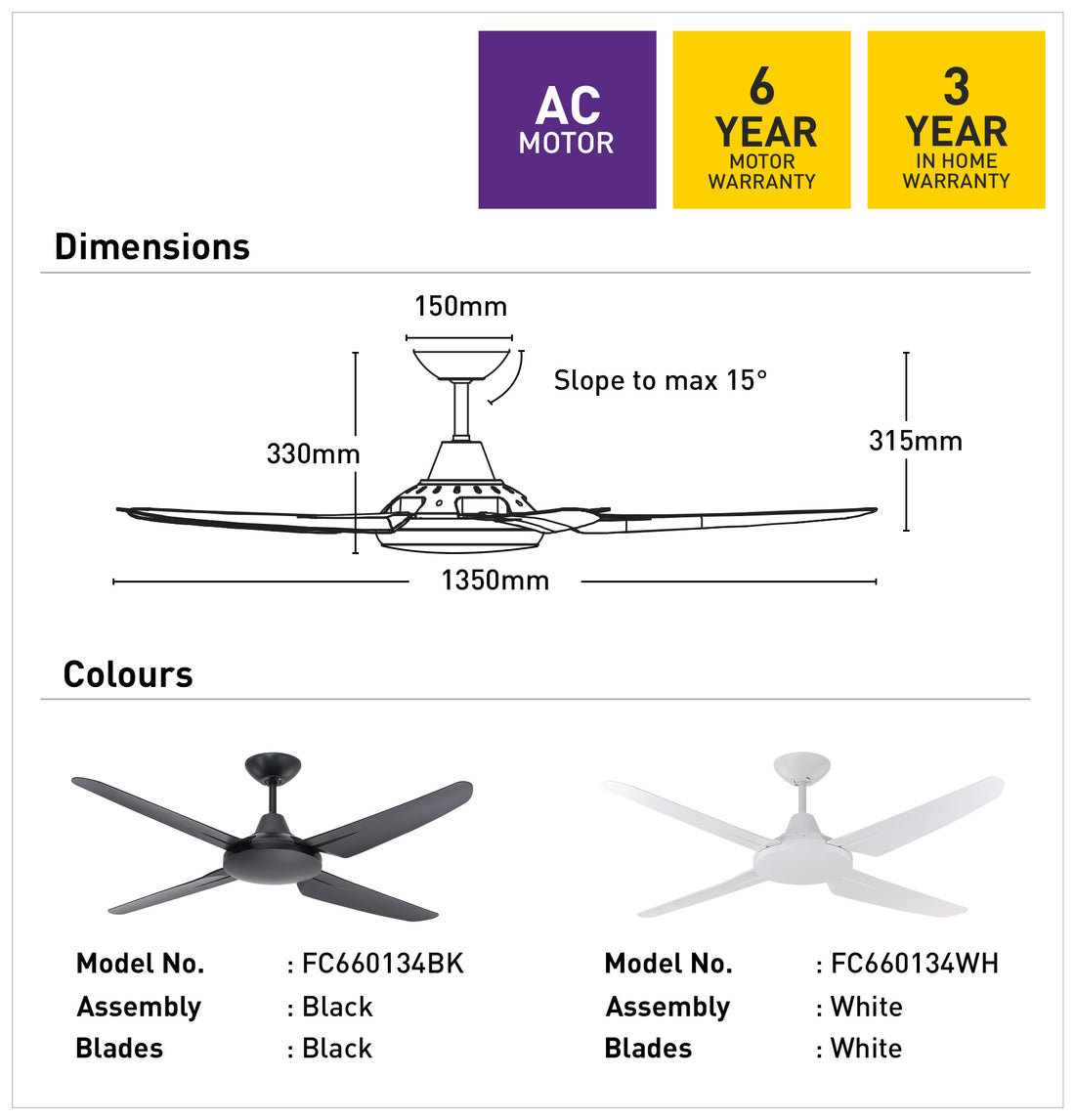 Clare 135cm AC Ceiling Fan - Black