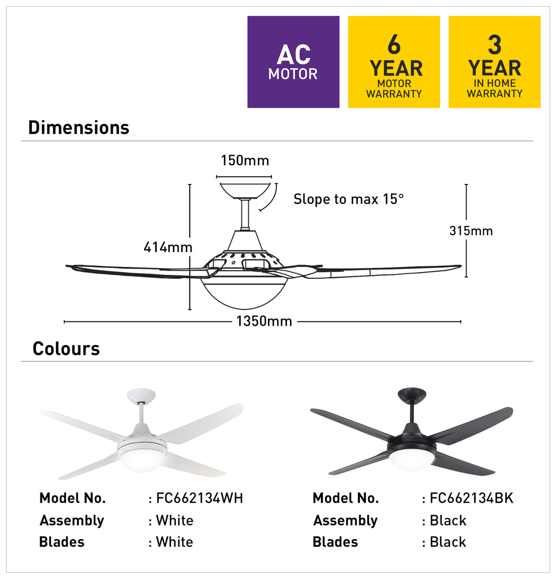 Clare 135cm AC Ceiling Fan with B22 Light - Black