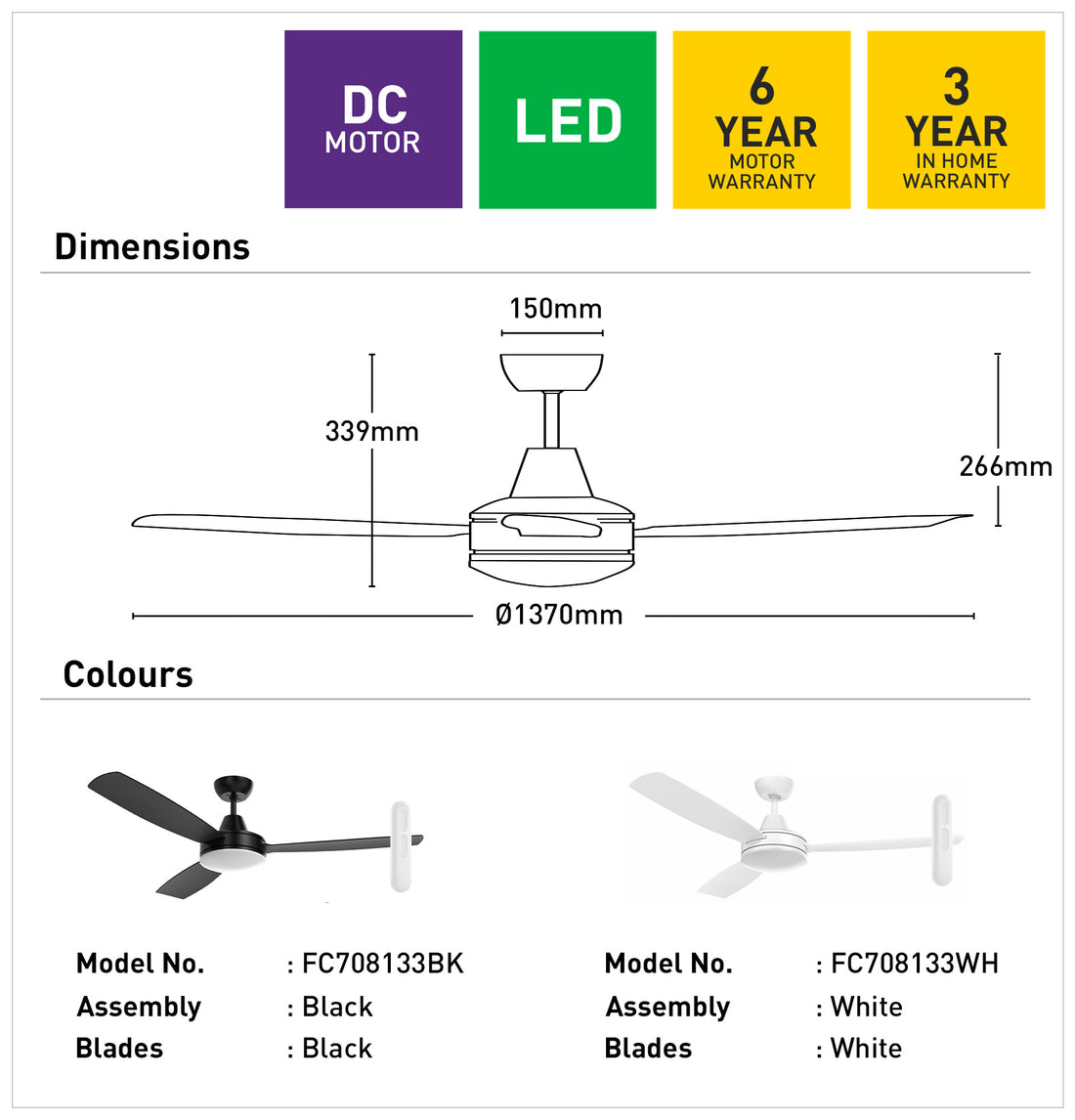 Nemoi 3B 137cm DC Ceiling Fan with LED Light - White