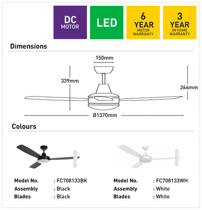 Nemoi 3B 137cm DC Ceiling Fan with LED Light - White