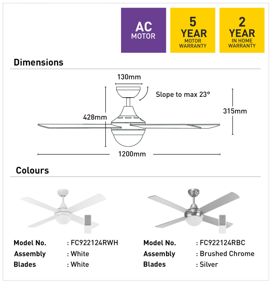 Lonsdale 120cm AC Ceiling Fan with Light and Remote - White
