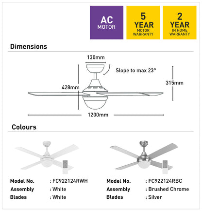 Lonsdale 120cm AC Ceiling Fan with Light and Remote - White