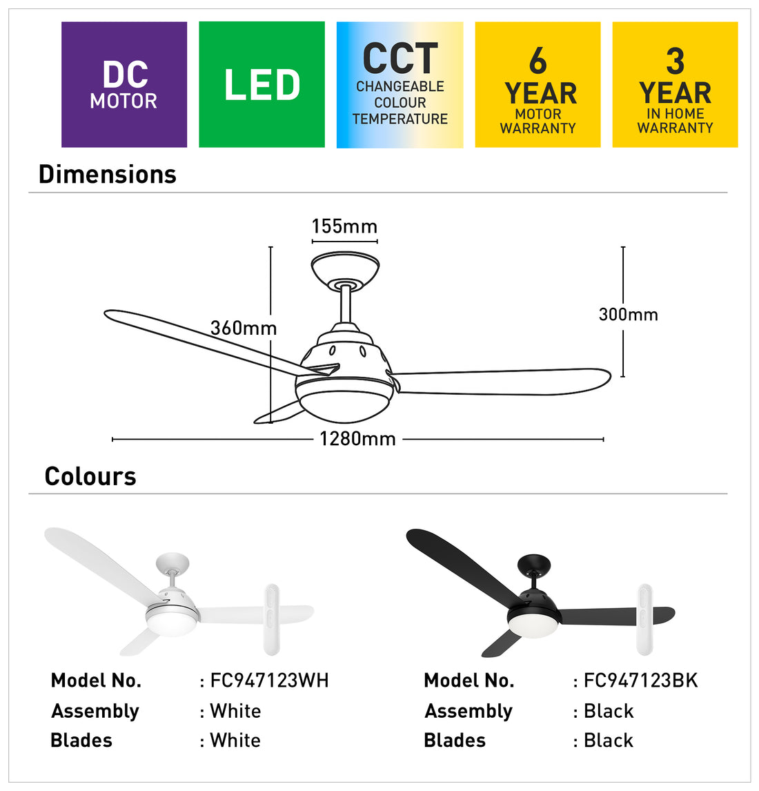 Brooke 128cm DC Ceiling Fan with LED Light and Remote - White