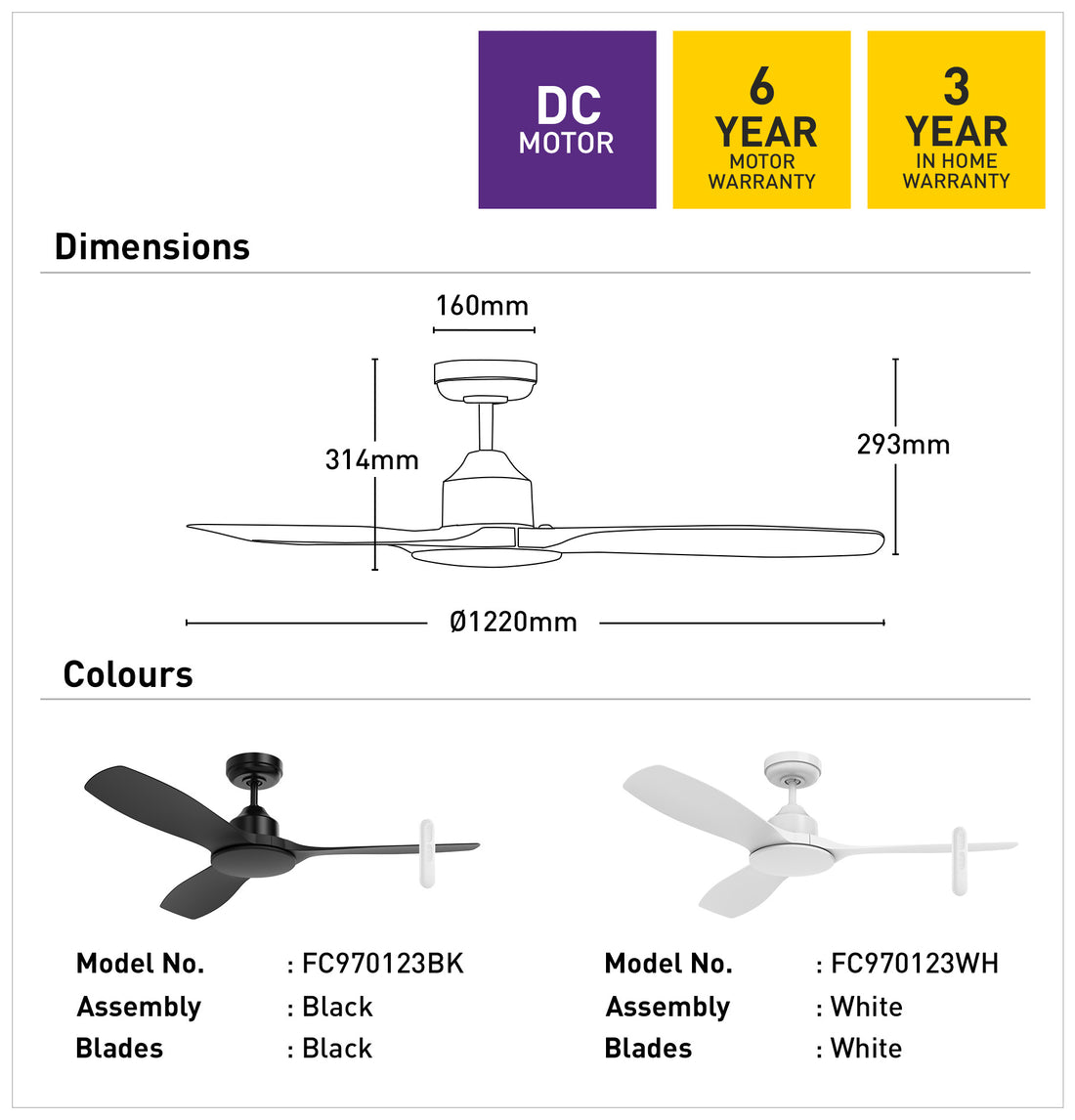 Raptor S 122cm DC Ceiling Fan with LED Light - White