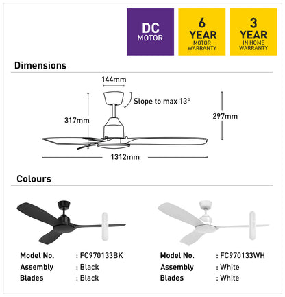 Raptor 131cm DC Ceiling Fan with Remote - White