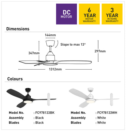 Raptor 131cm DC Ceiling Fan with Remote and LED Light - Black