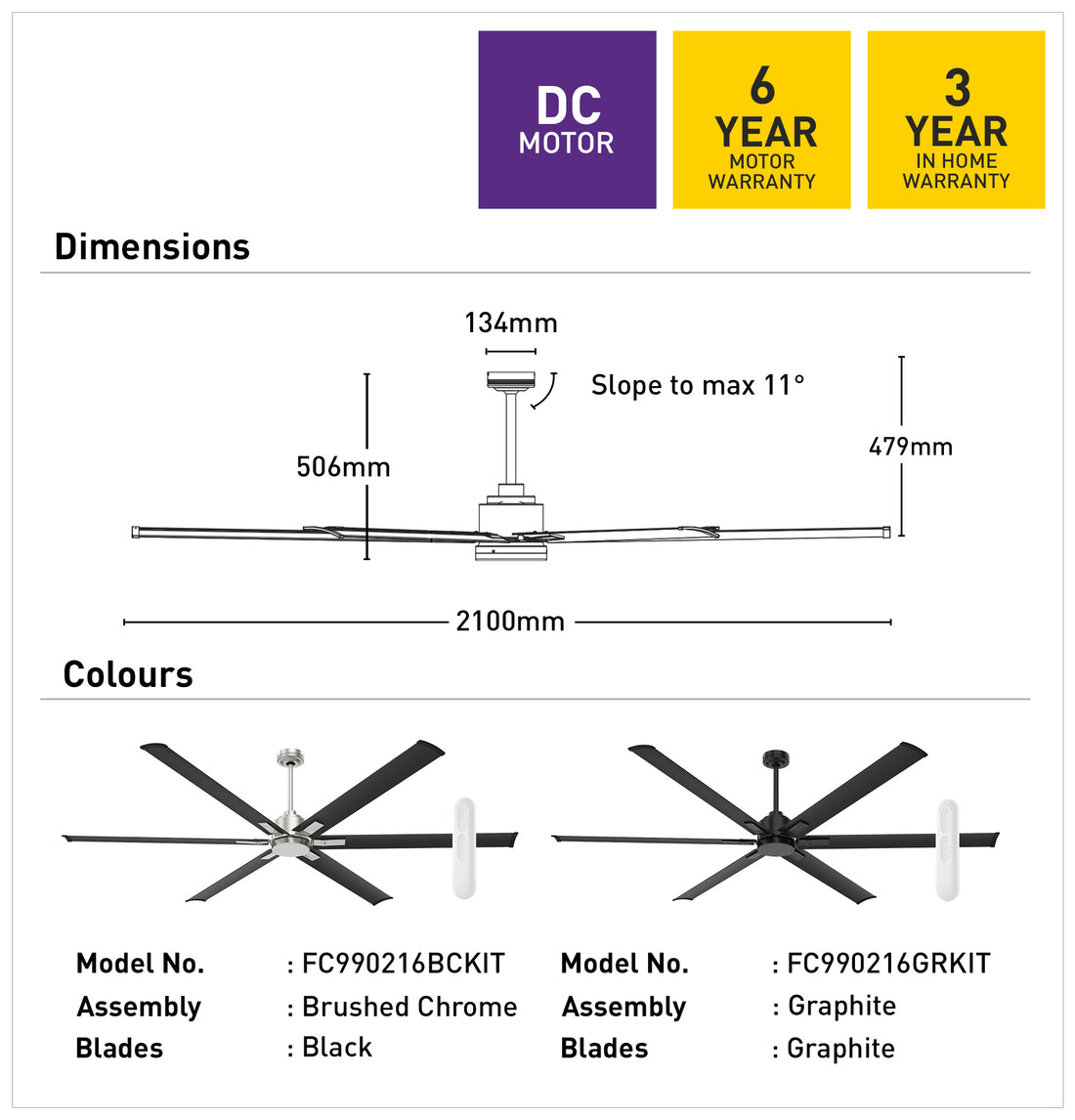 Rhino II 210cm DC Ceiling Fan - Brushed Chrome