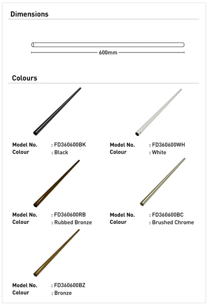 Downrod 600mm for Ceiling Fans - White