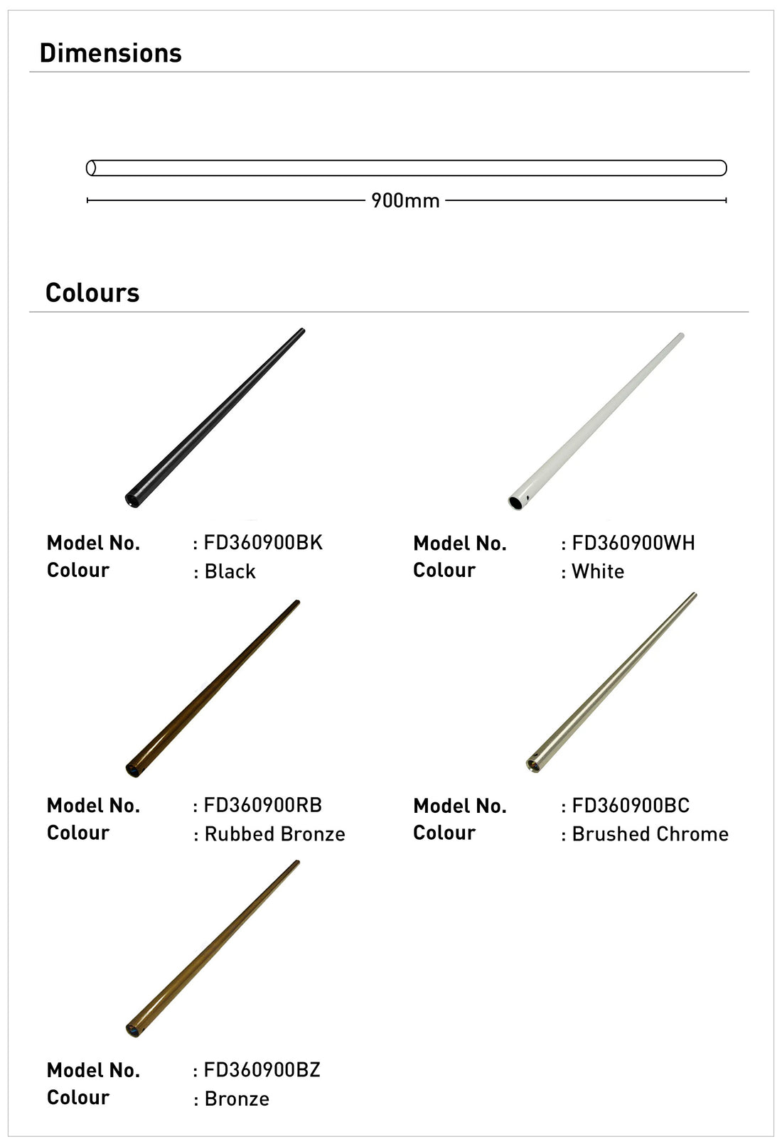 Downrod 900mm for Ceiling Fans - White