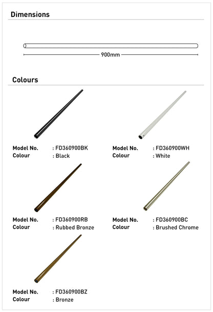 Downrod 900mm for Ceiling Fans - White
