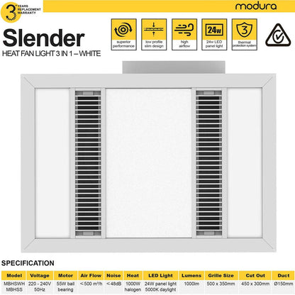 Modura Slender 3 in 1 Bathroom Heater Exhaust Fan and Light 1000w Halogen-White