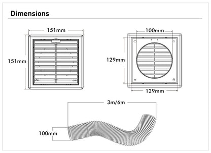 Aluminium 100mm Duct Ventilation Kits - Duct Length 3M