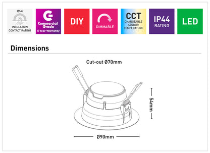Eko 6W 70mm LED 3CCT Downlight