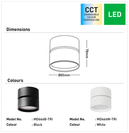 Diaz 12W Tri-Colour Surface Mount Downlight