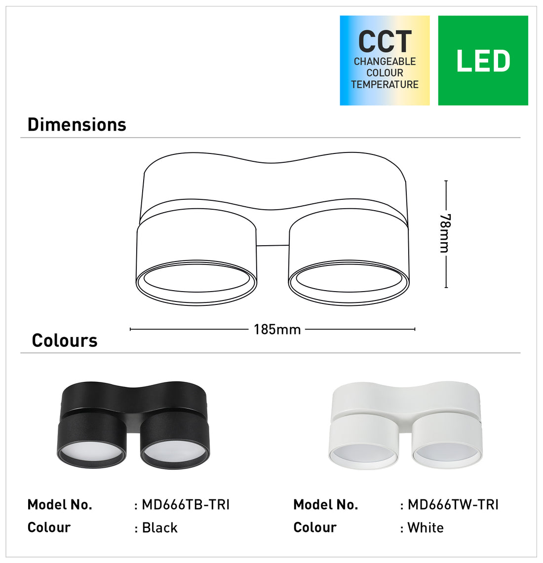 Diaz 24W Tri-Colour Twin Head Surface Mount Downlight
