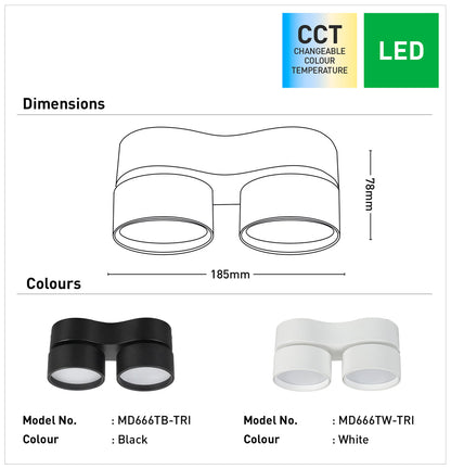 Diaz 24W Tri-Colour Twin Head Surface Mount Downlight