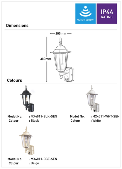 Tilbury Outdoor Coach Light with Sensor - Black