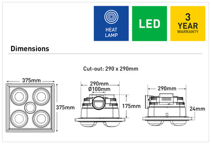 Midas Quattro 3-in-1 Bathroom Heater with Exhaust Fan and LED Light