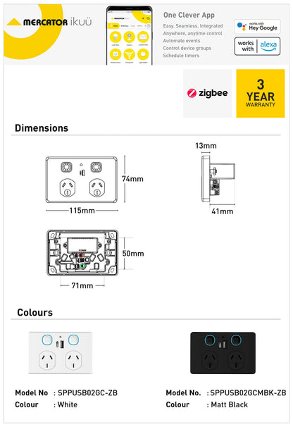 Mercator Ikuü Smart Zigbee Touch Control Double Power Point With USB A+C  - White