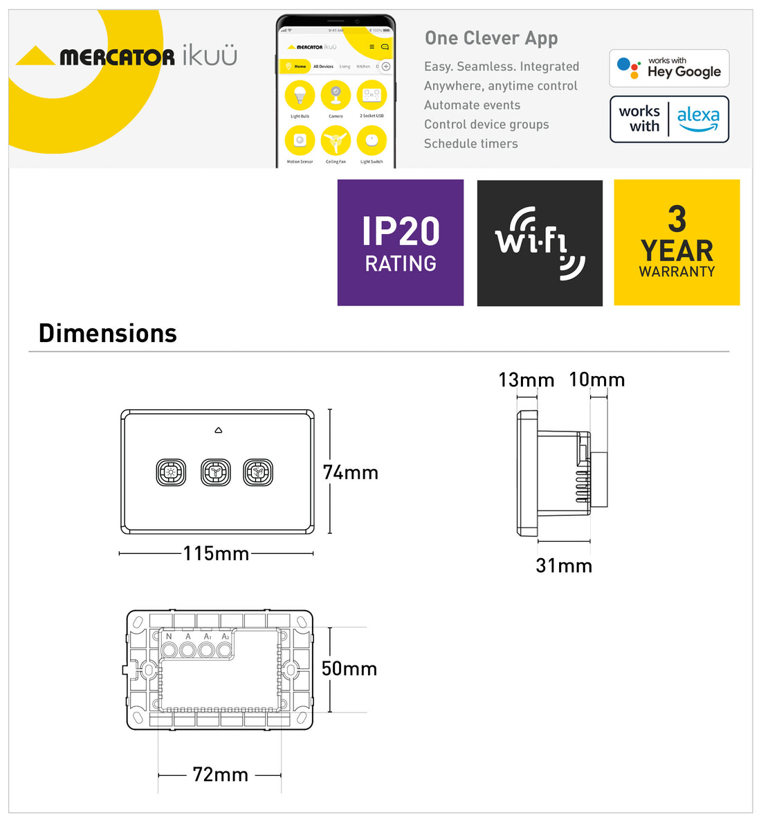 Ikuü Smart Wi-Fi AC Fan Controller With Light Switch