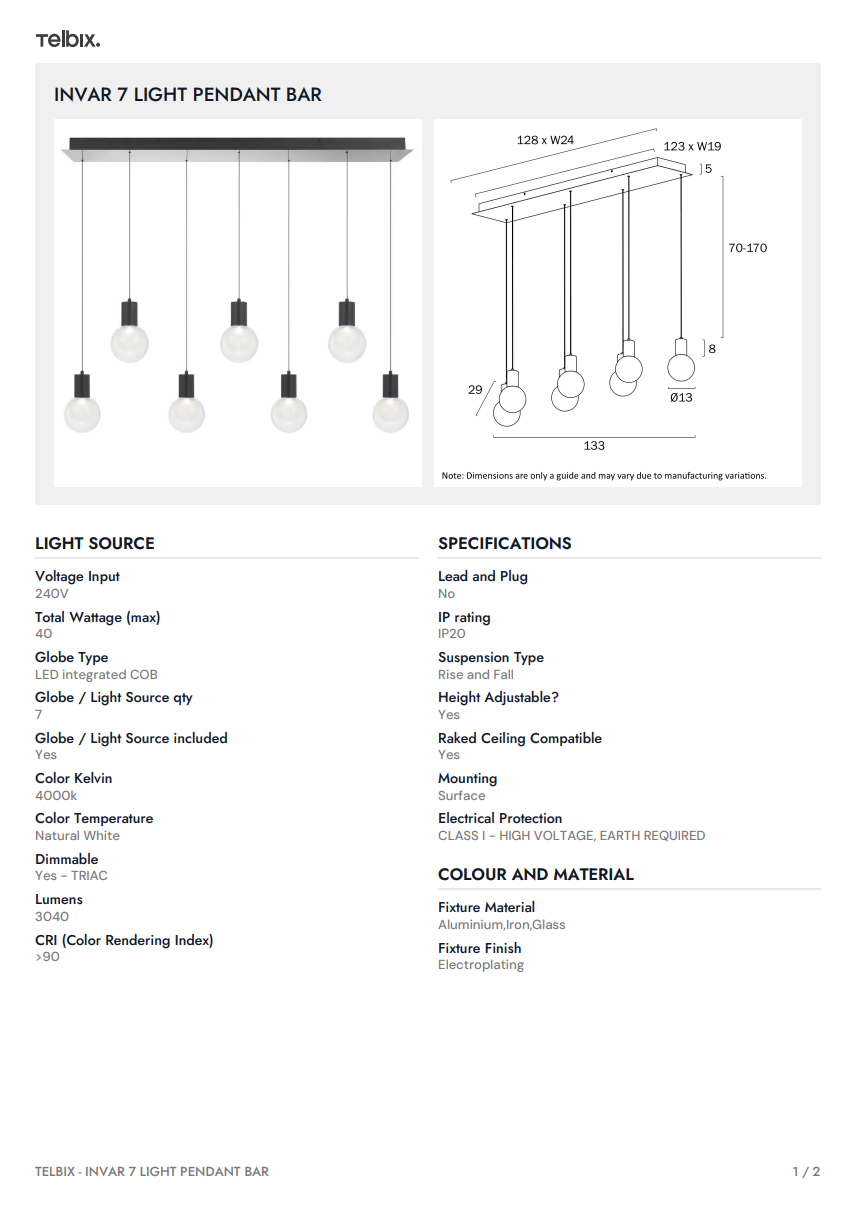 Invar 7 Light Bar Pendant