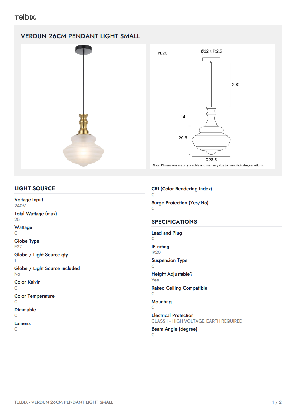 Verdun 26cm Pendant Light - Antique Gold | Frost