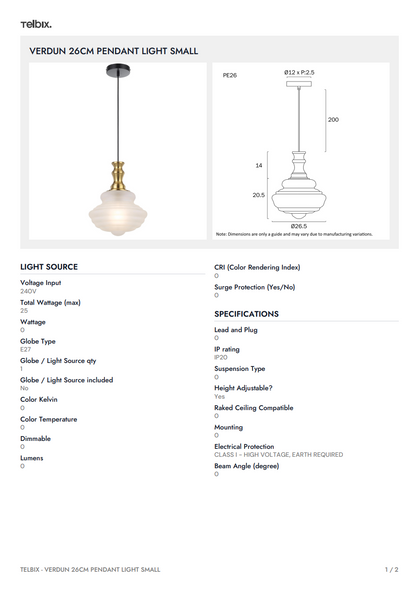 Verdun 26cm Pendant Light - Antique Gold | Frost