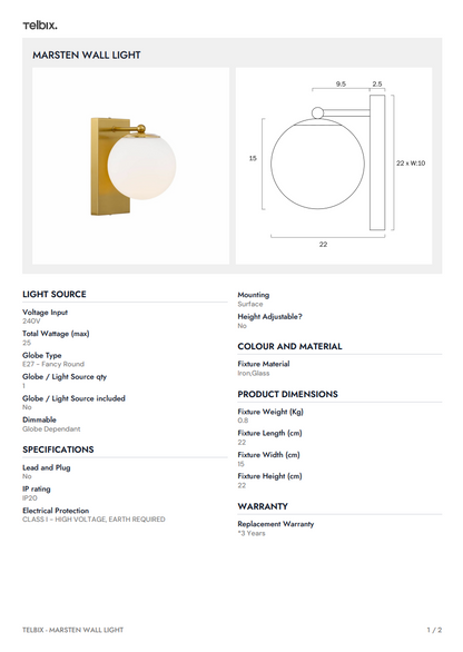 Marsten Wall Light - Black | Opal Matt