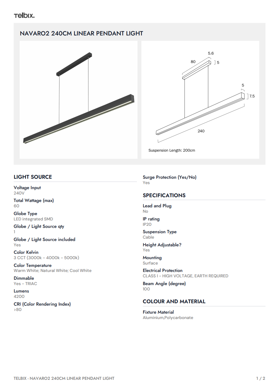 NAVARO II 120 Linear Pendant Light - Black
