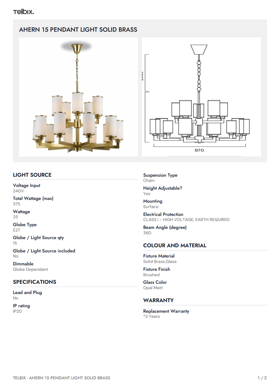 AHERN 15 Pendant Light SOLID BRASS